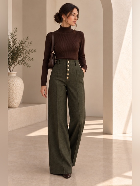Commense Pants - NWT Commense High-Waisted Button-Front Wide-Leg Pants in Dark Green, size Small